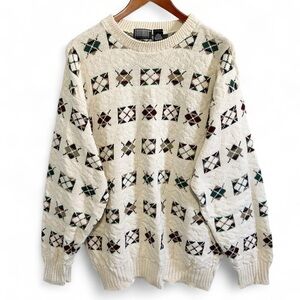 Vintage 90s Knightsbridge Made in USA Cream Argyle Sweater